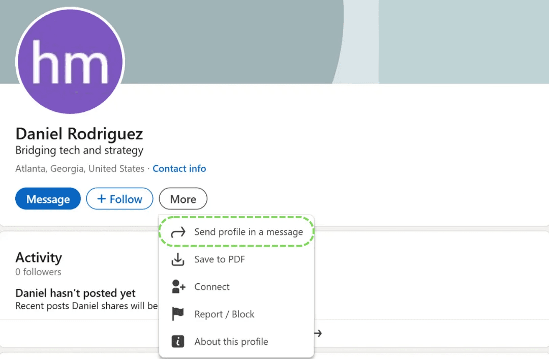 Image showing LinkedIn 'Share Profile in a Message' option from user profile dropdown.