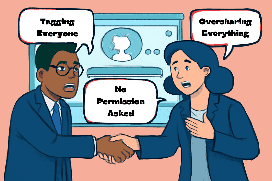 Visual reminder of respecting confidentiality and avoiding competitive conflict in networking.