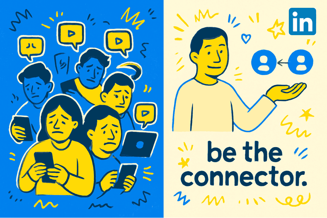 Professional illustration of people sad for not networking and a man symbolising power of introduction on LinkedIn