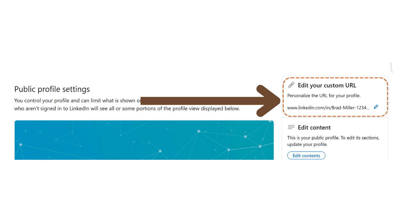 Illustration pointing towards Edit your Custom URL after clicking on the pencil button on the profile and URL on linkedin profile page