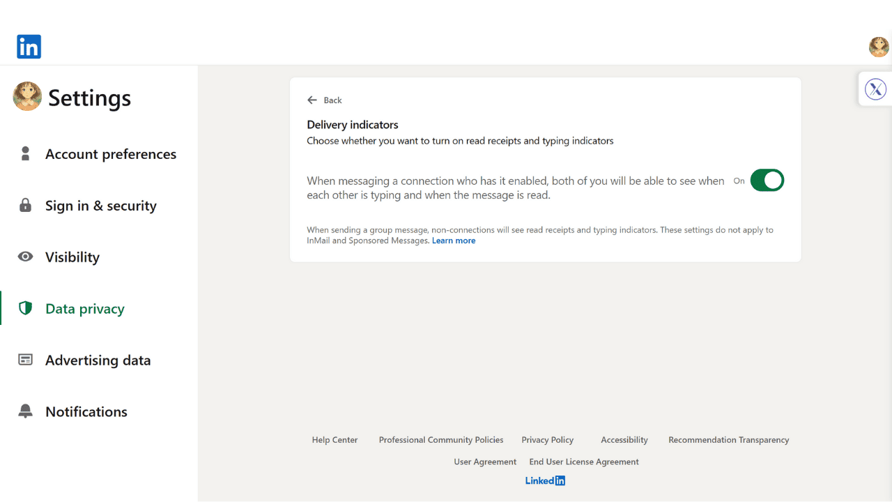 linkedin read receipts toggle on off button