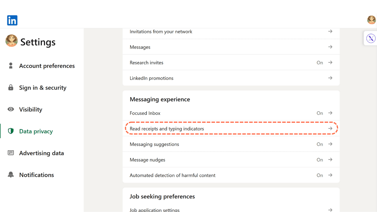 LinkedIn read receipts and typing indicators message in data privacy