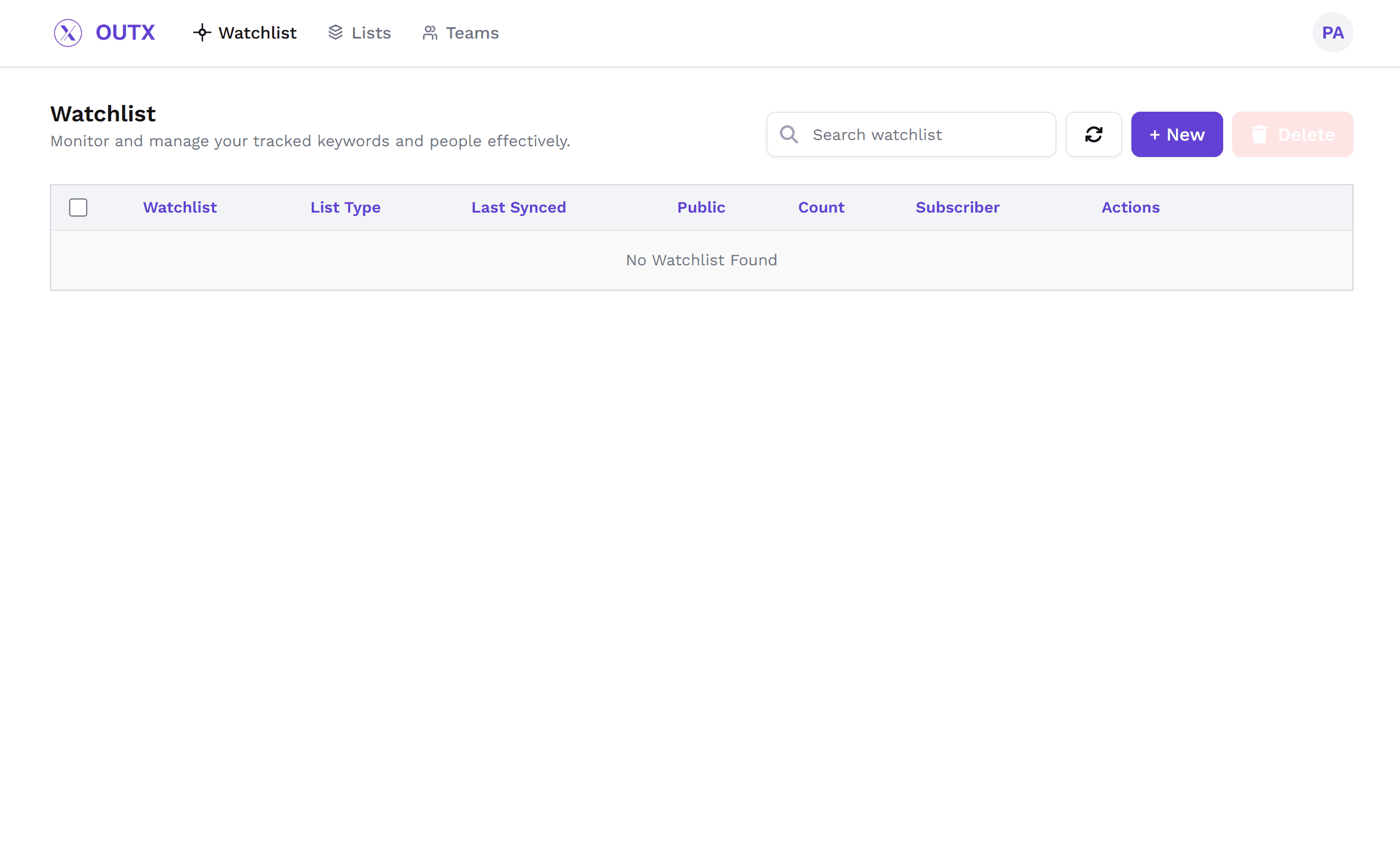 Klicken Sie auf +Neu, um Ihre Watchlist zu erstellen