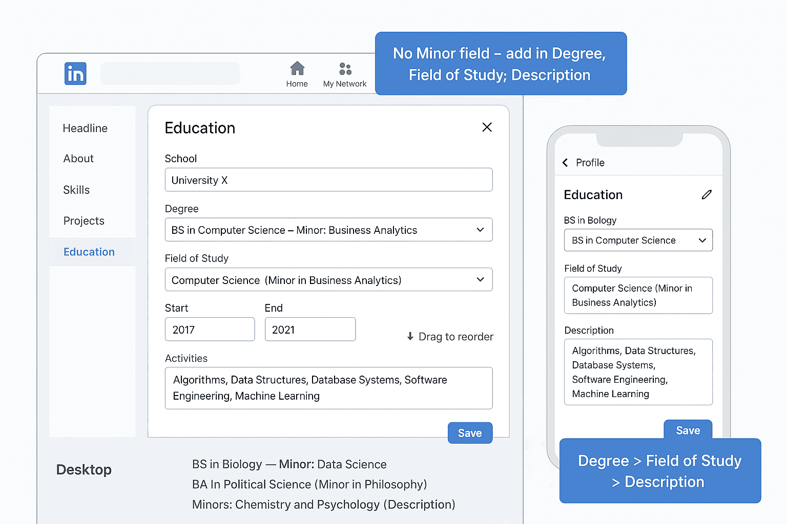 LinkedIn add education screen web and mobile depiction