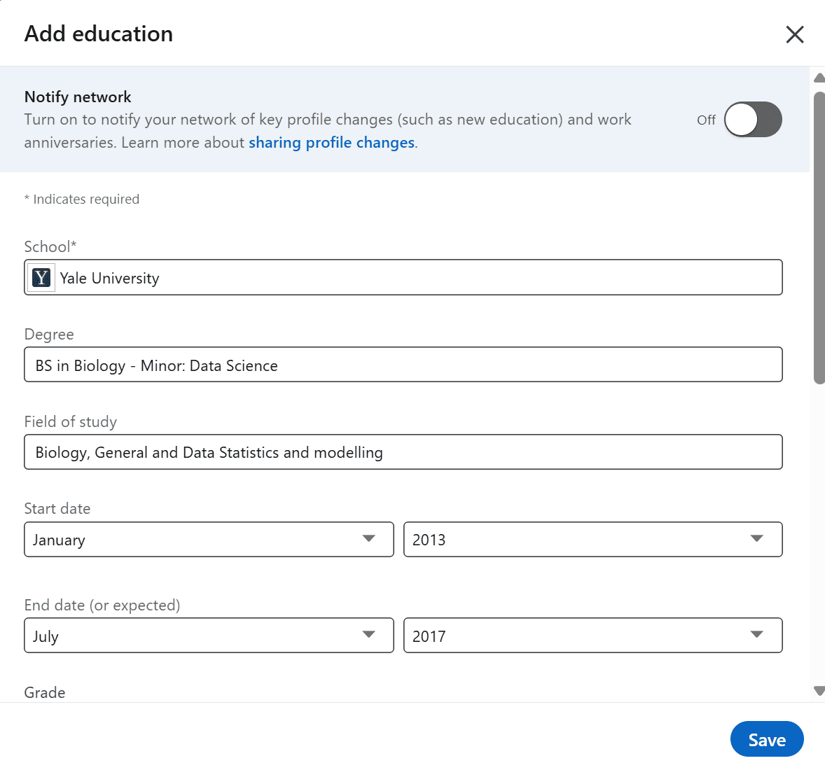 LinkedIn add education screen web