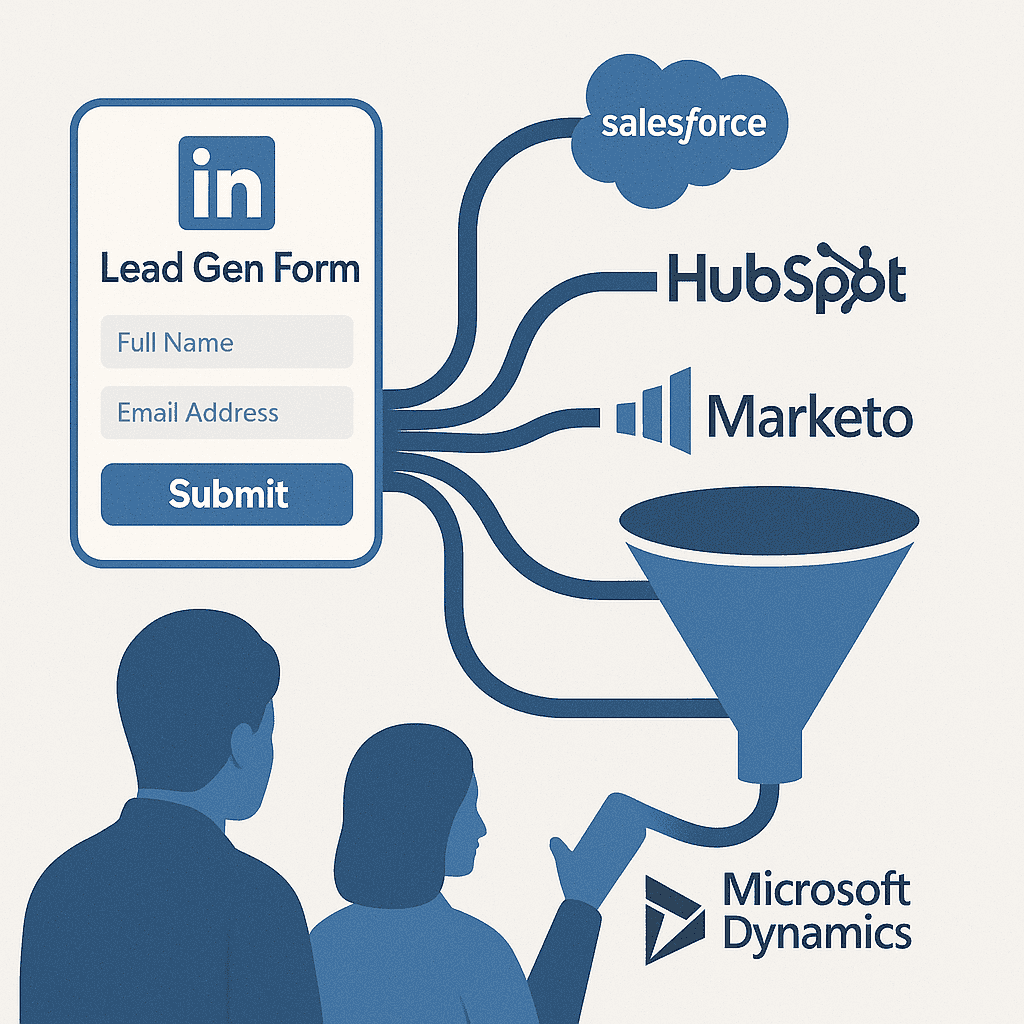 Illustration der LinkedIn Lead Gen Form-Integration mit Drittanbieter-Plattformen wie HubSpot, Salesforce, Marketo