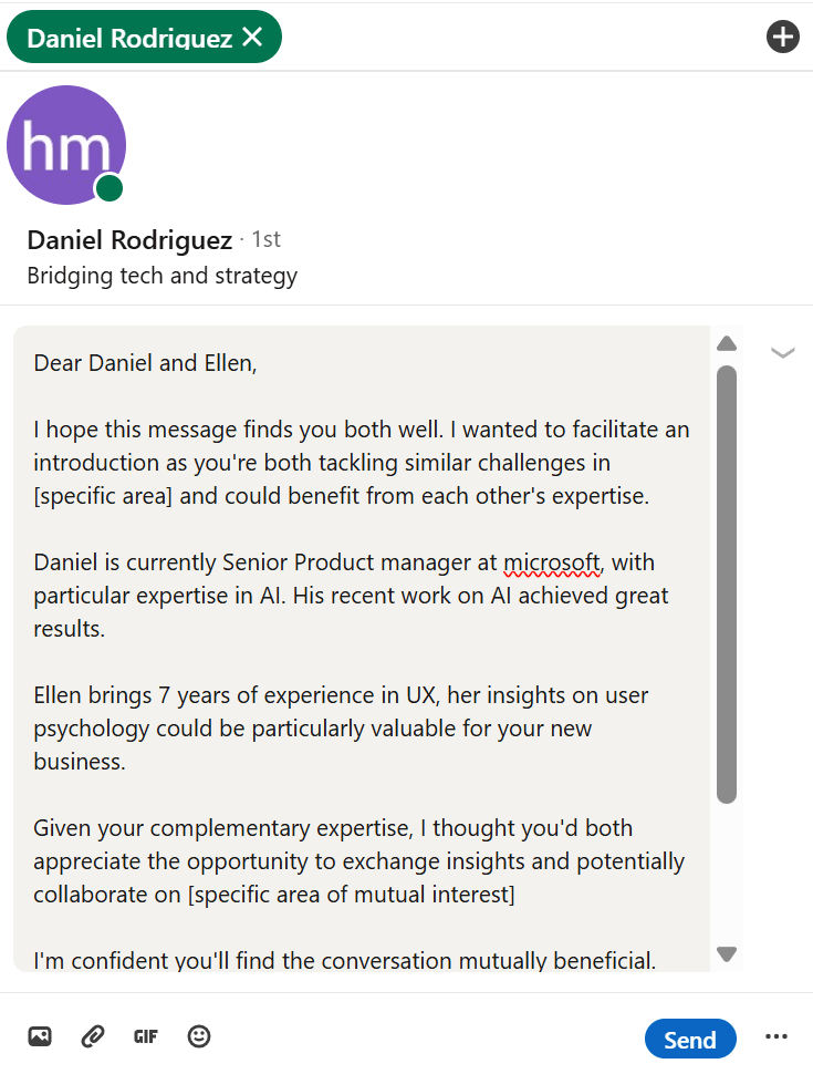 Sample LinkedIn message introducing two professionals with emphasis on synergy and CTA