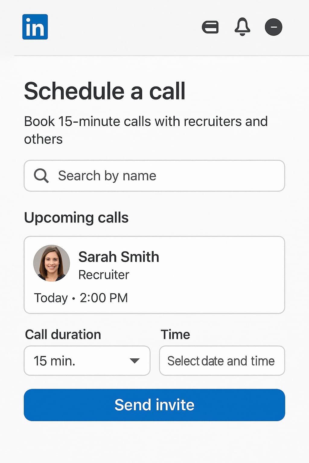 LinkedIn interface showing how to schedule calls with recruiters and manage professional communications