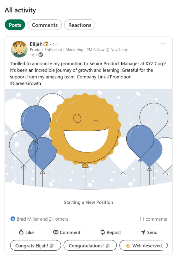 Professioneller Mann teilt Befoerderungsankuendigung und Karrieremeilenstein auf der LinkedIn Social-Media-Plattform